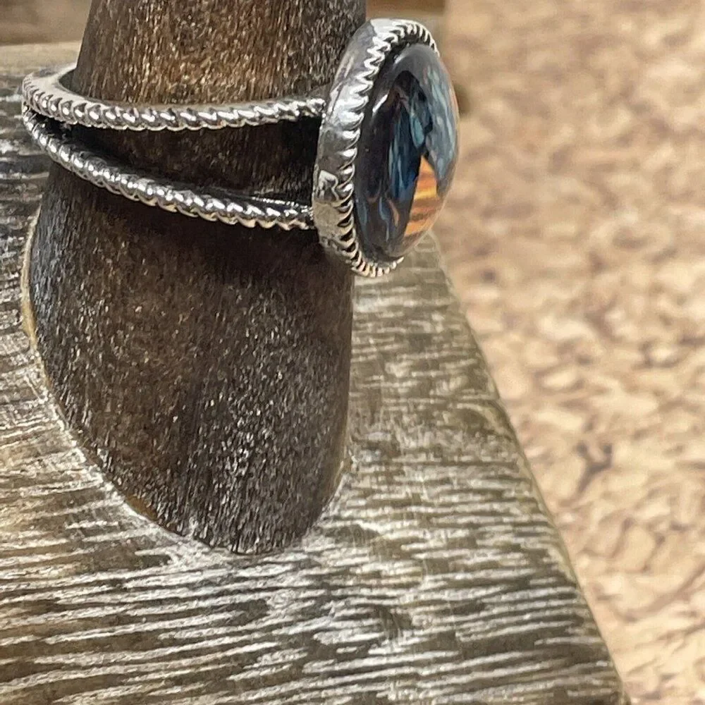 Stained Glass Horse Silver-Tone Ring in Blue and Brown
